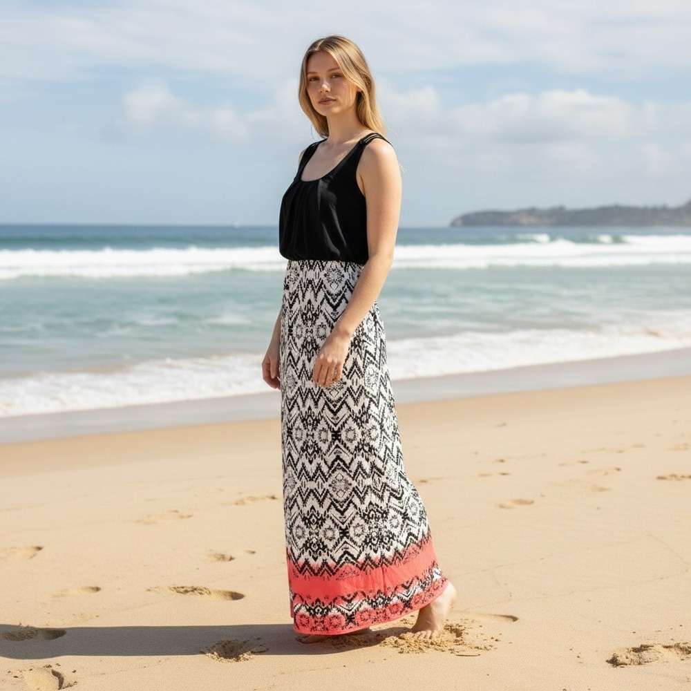 Three Pink Hearts Trixxi Maxi Dress Sz S 4 6 Black Coral Geometric Beach Coastal